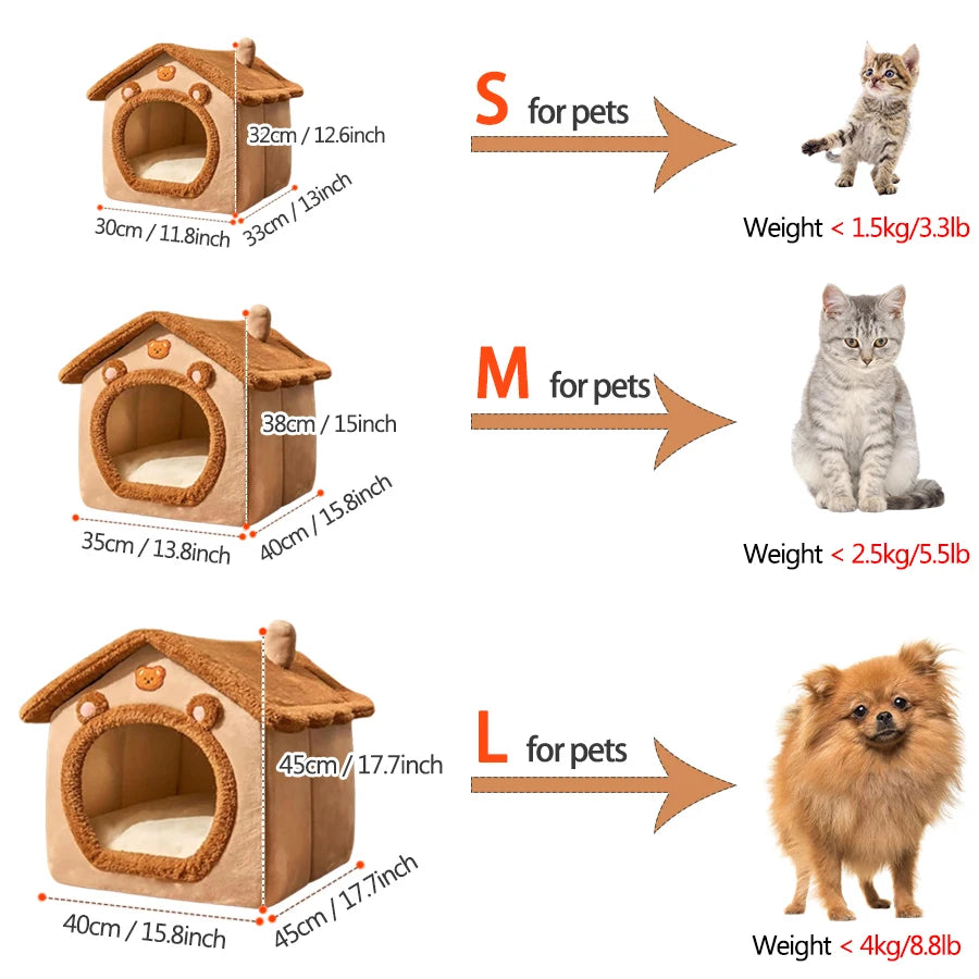 Foldable Pet House With Washable Cover Cat Dog Bed Cave