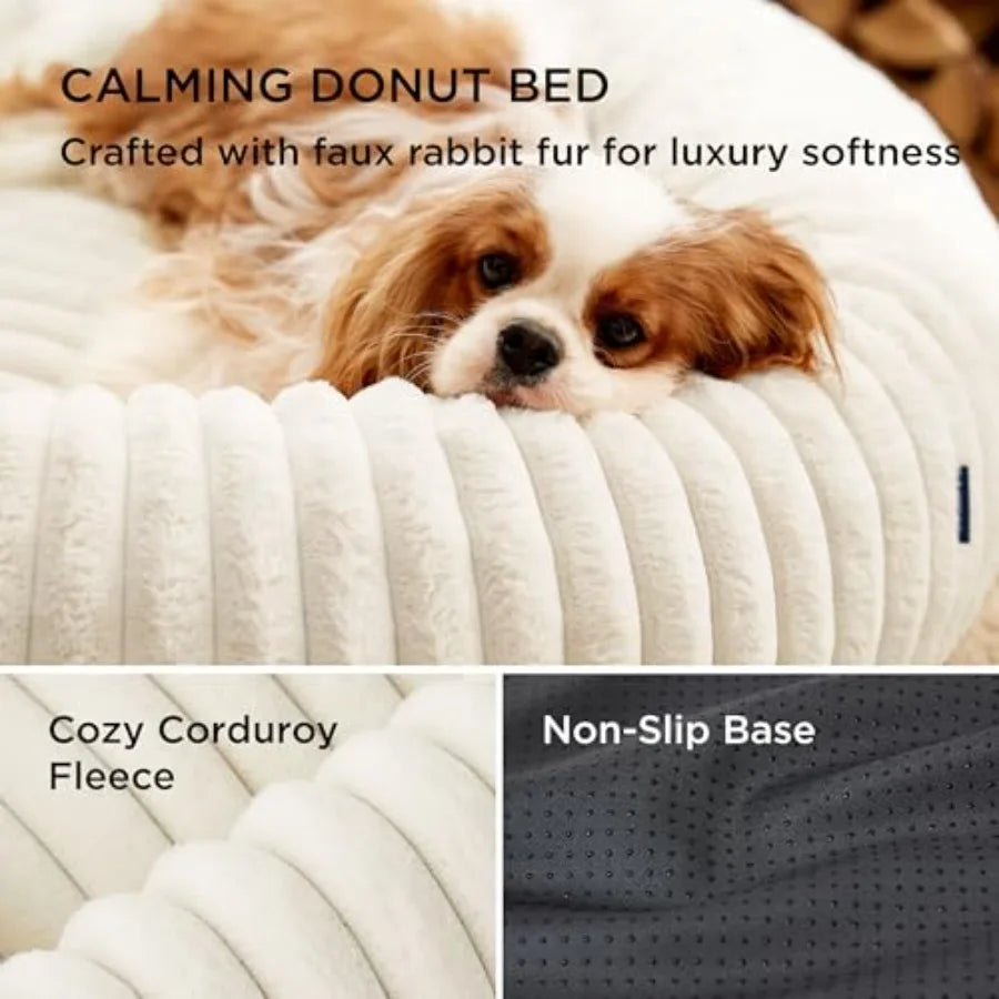 ComfyFleece Donut Medium Dog Bed Washable Faux Fur Corduroy
