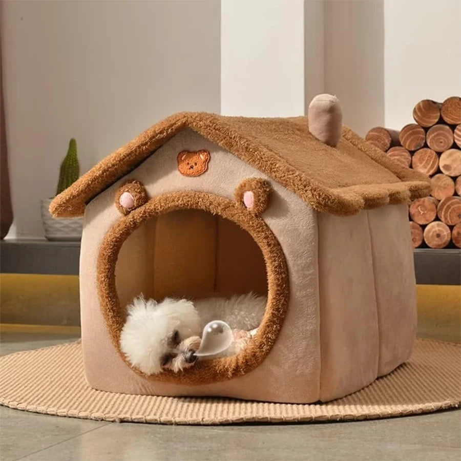 Foldable Pet House With Washable Cover Cat Dog Bed Cave