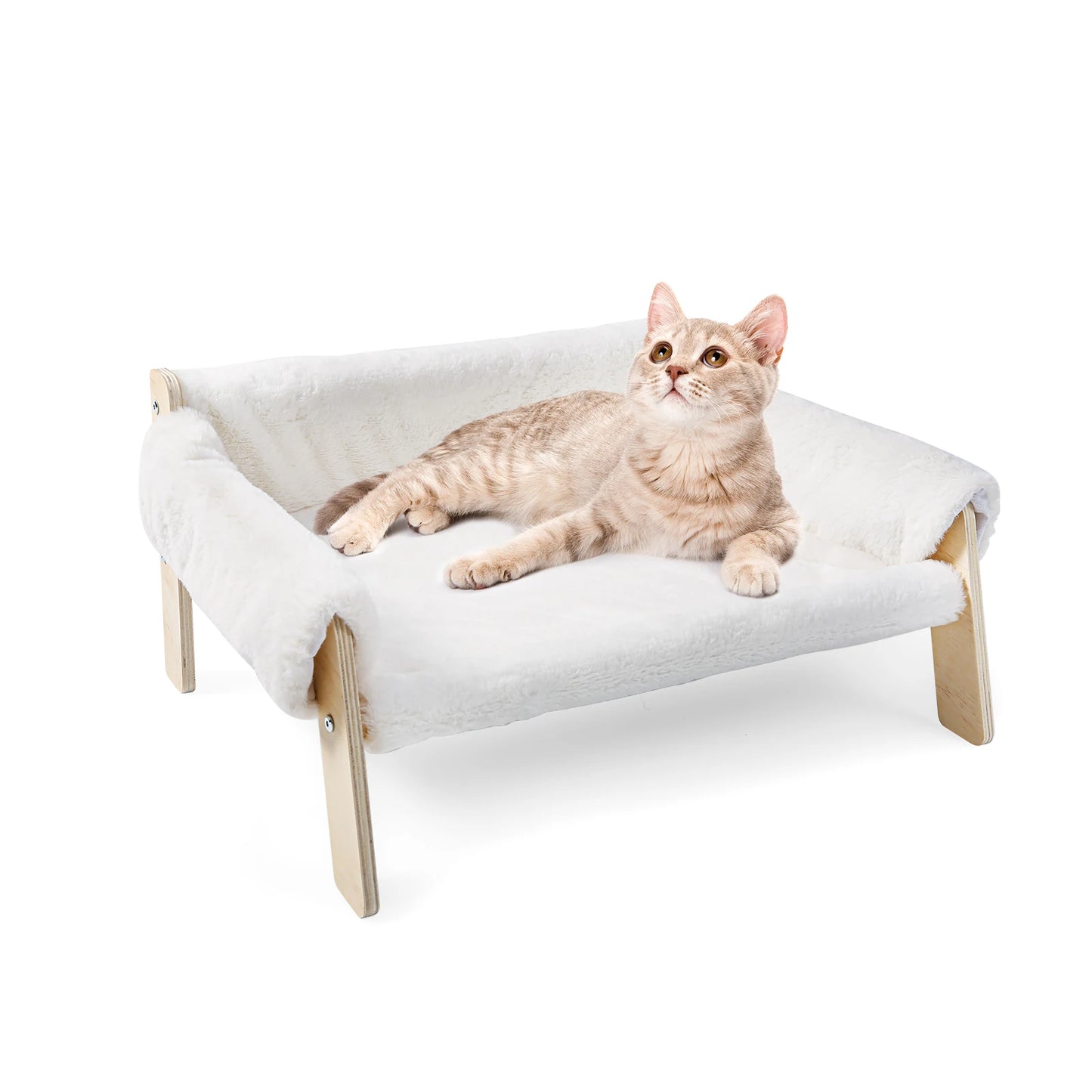 Wooden Leg Raised Cat Bed With Plush Sofa For Cats