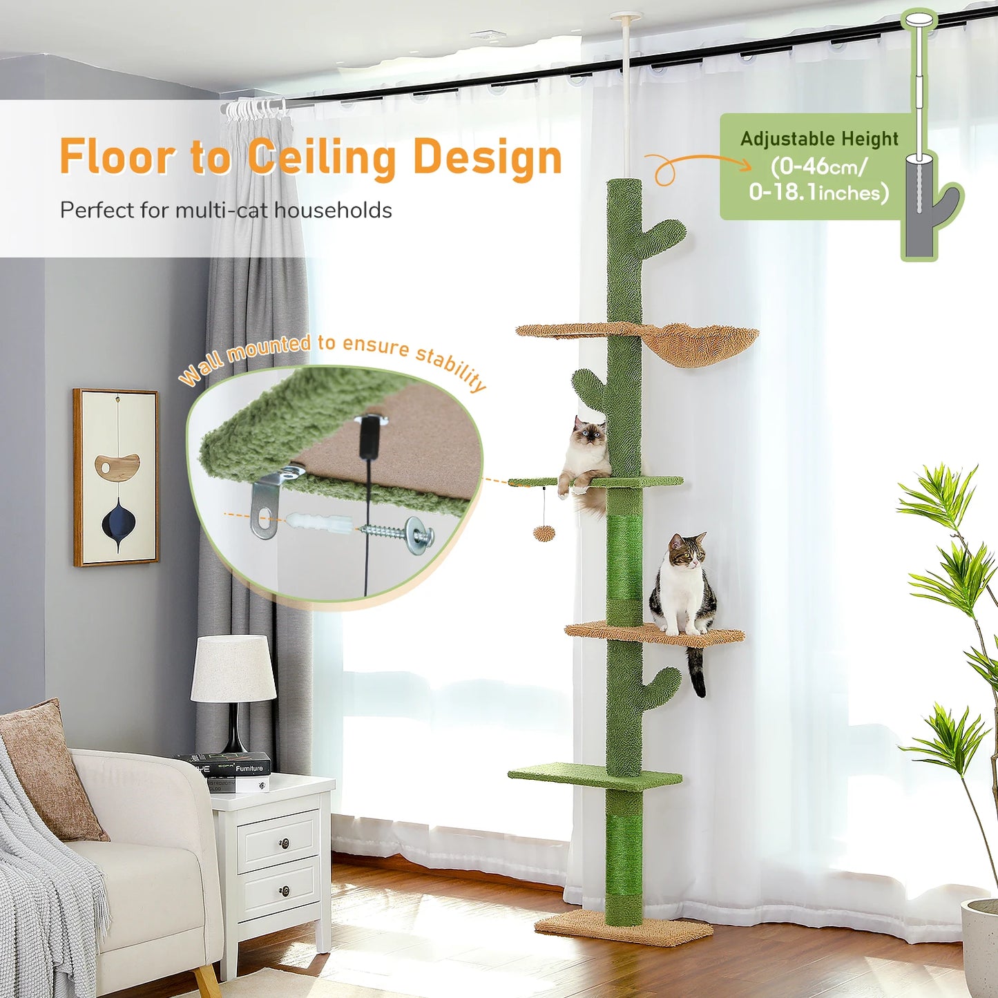 PAWZ Road Cat Tree 5-Tier Floor To Ceiling Cactus Hammock