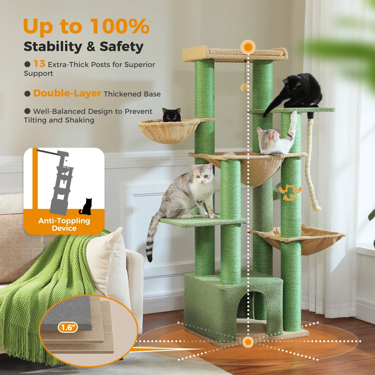 Pequlti Multi Level Cat Tree With Scratching Posts And Hammocks