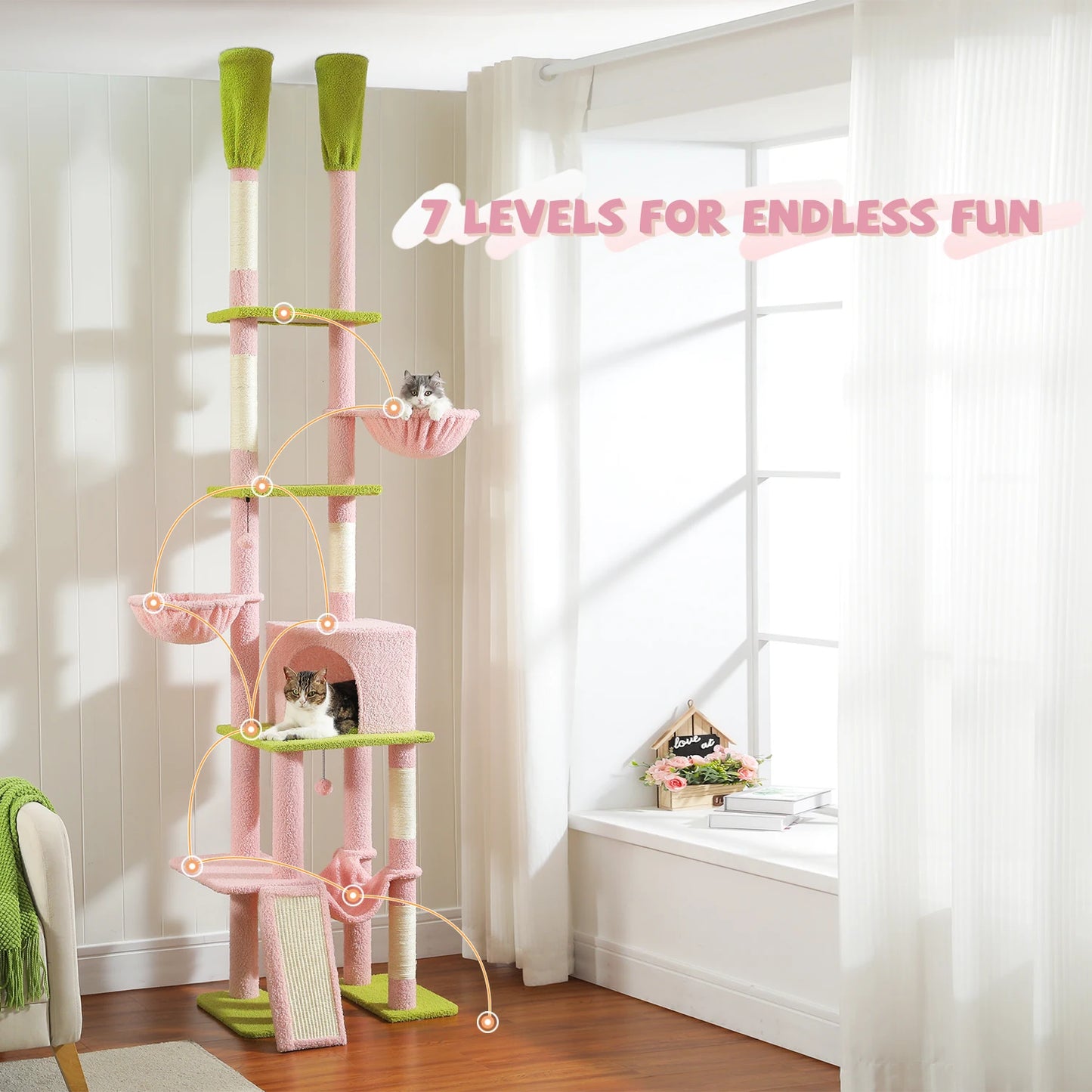 PAWZ Road Cactus Floor To Ceiling Cat Tree With Condos And Hammocks