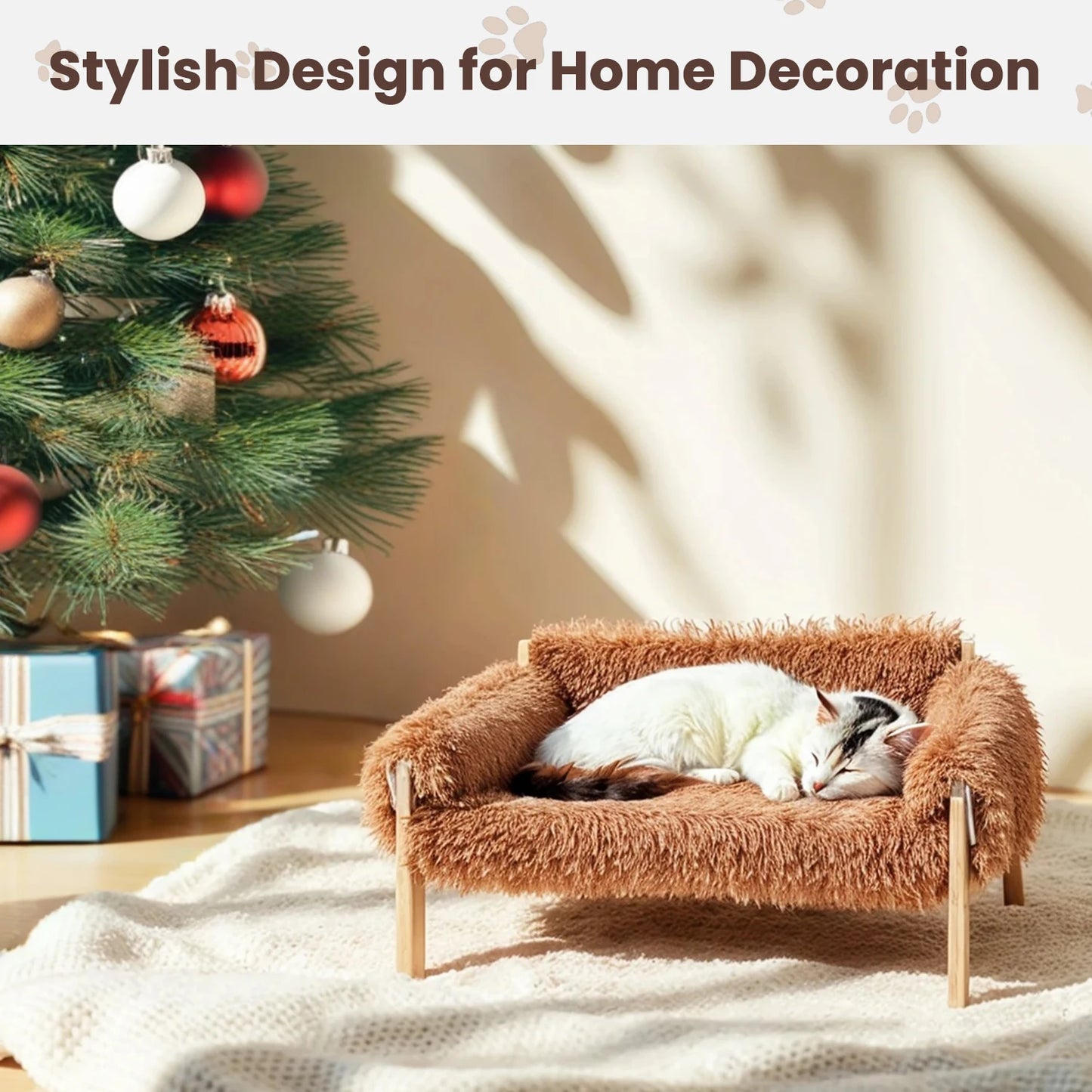Wooden Leg Raised Cat Bed With Plush Sofa For Cats