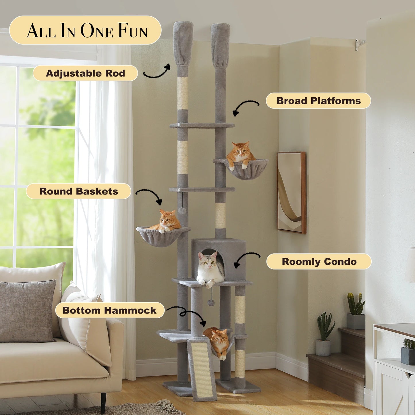 PAWZ Road Cactus Floor To Ceiling Cat Tree With Condos And Hammocks