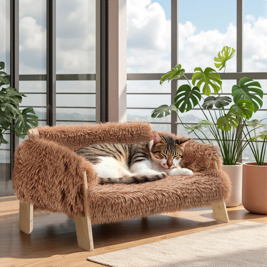 Wooden Leg Raised Cat Bed With Plush Sofa For Cats