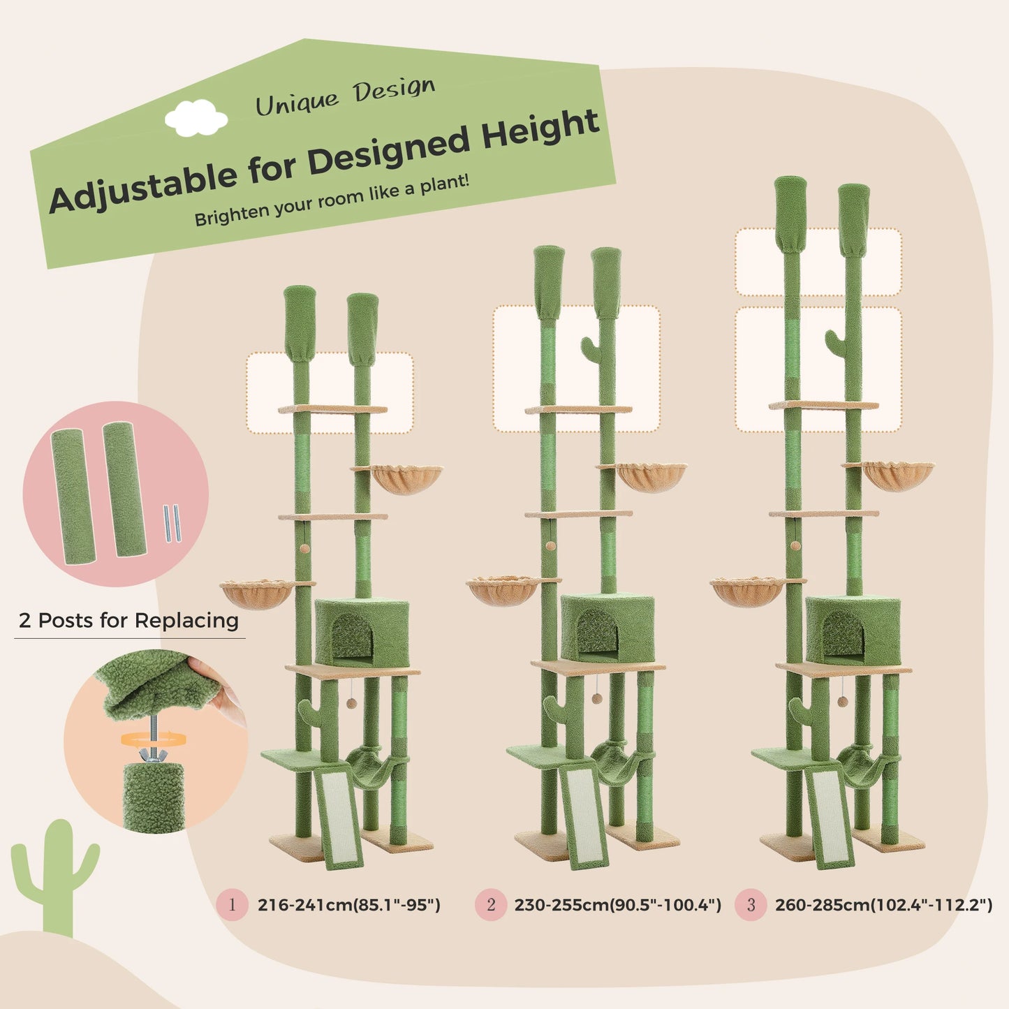 PAWZ Road Cactus Floor To Ceiling Cat Tree With Condos And Hammocks