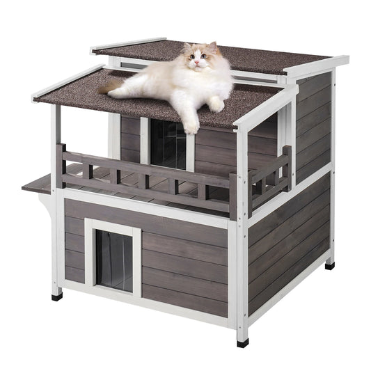 SucceBuy Outdoor Cat House Weatherproof Feral Shelter Two Story Cedar Wood