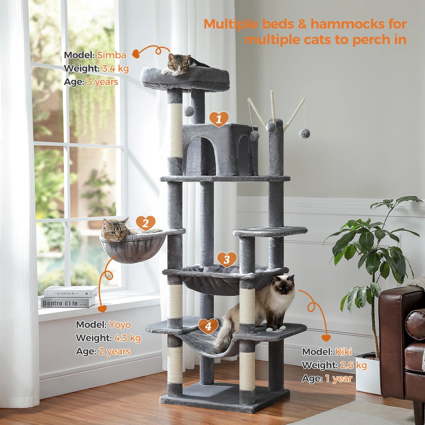 PETEPELA Cat Tree For Indoor Cats With Hammock And Scratching Post