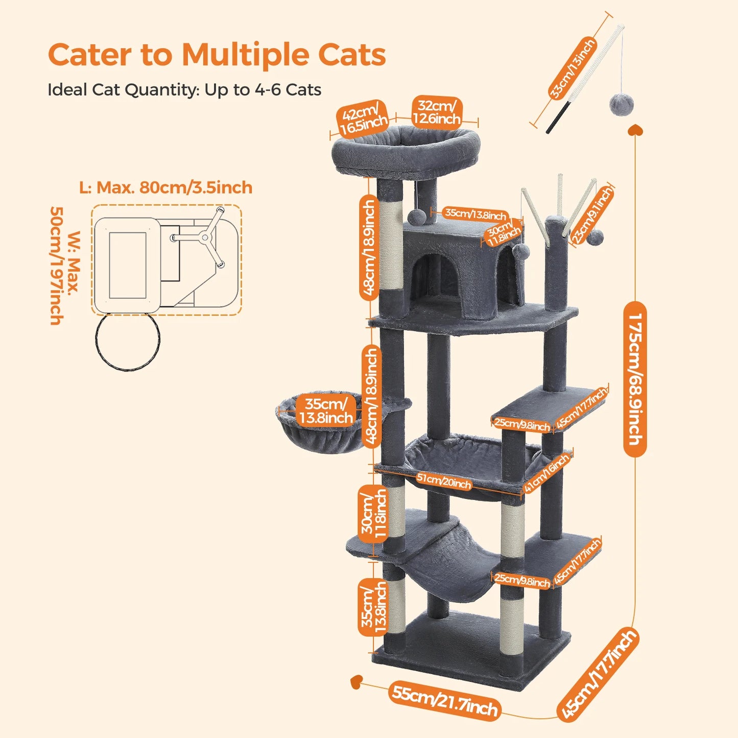 PETEPELA Cat Tree For Indoor Cats With Hammock And Scratching Post