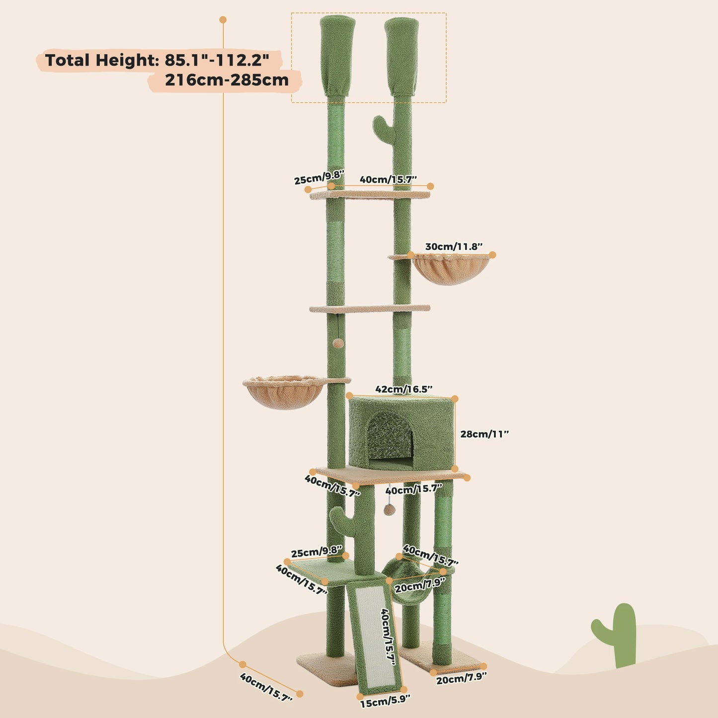 PAWZ Road Cactus Floor To Ceiling Cat Tree With Condos And Hammocks