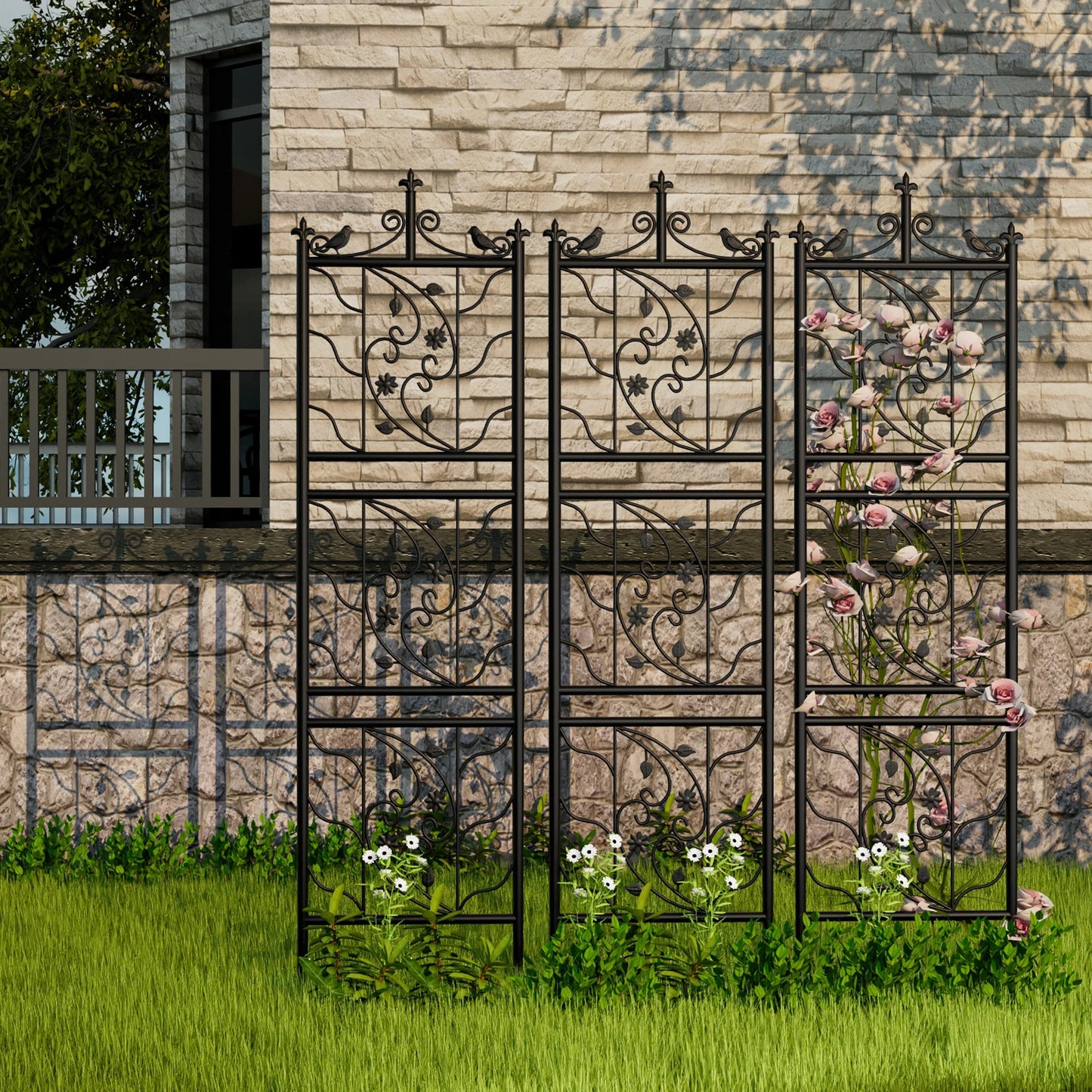 Metal Garden Trellis Bird Leaf Grid Panel Fence Climbing Plant Support Two Pack