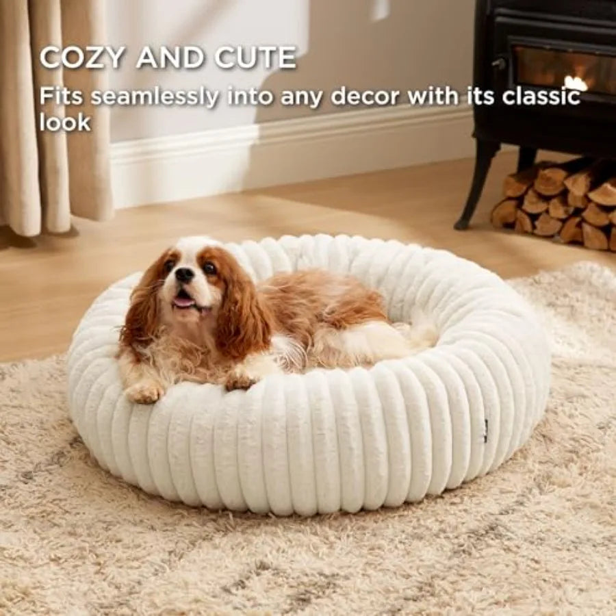 ComfyFleece Donut Medium Dog Bed Washable Faux Fur Corduroy