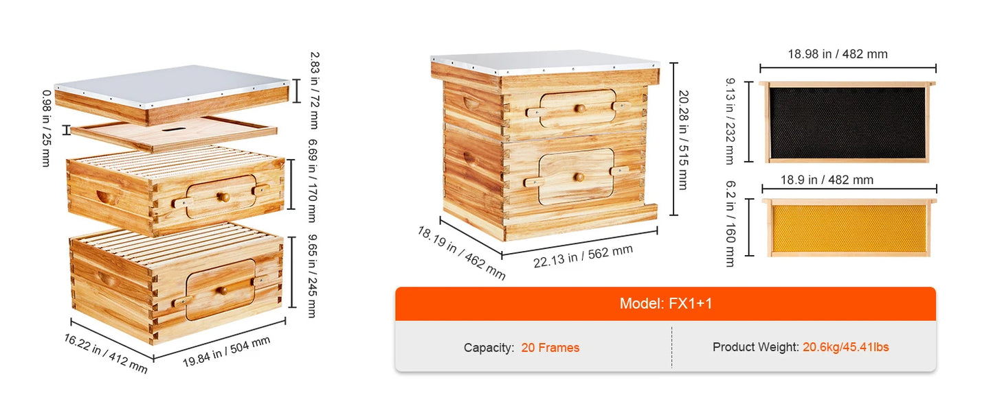 SucceBuy Natural Cedar Langstroth Beehive Kit With Acrylic Windows