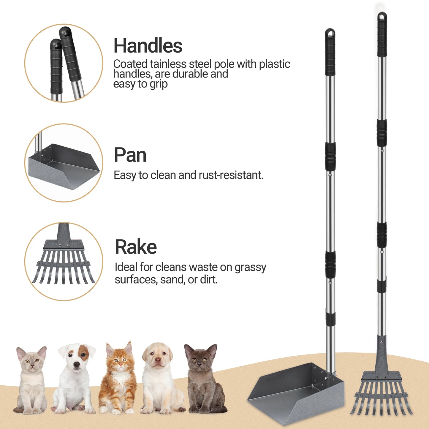 Dog Pooper Scooper And Rake Set With Adjustable Stainless Handles