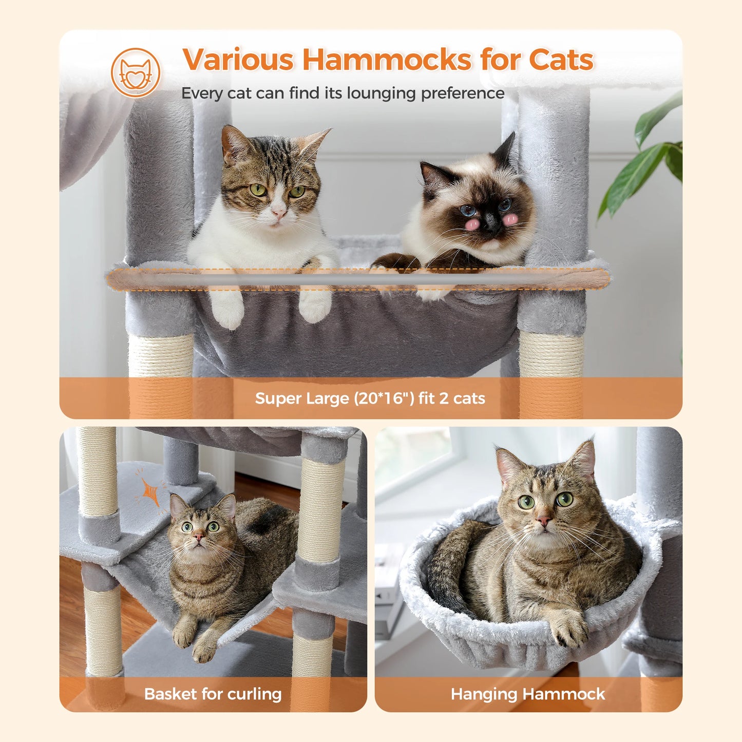 PETEPELA Cat Tree For Indoor Cats With Hammock And Scratching Post