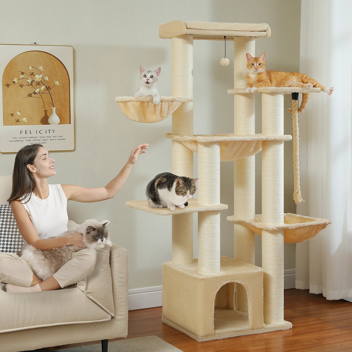 PEQULTI Multi Level Cat Tree With Scratching Posts And Condo