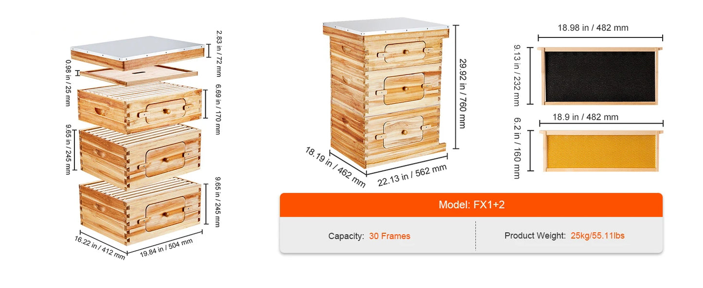 SucceBuy Natural Cedar Langstroth Beehive Kit With Acrylic Windows