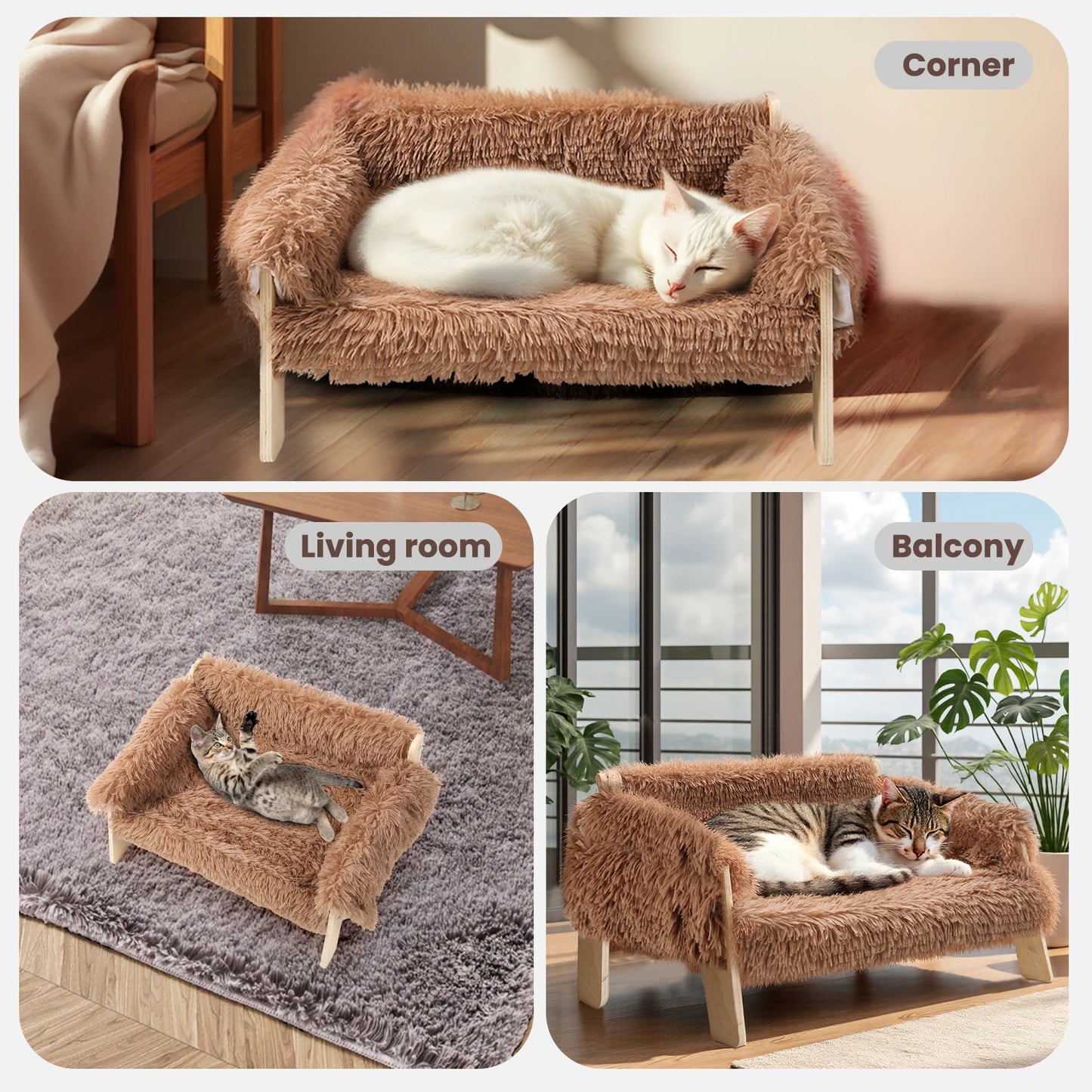 Wooden Leg Raised Cat Bed With Plush Sofa For Cats