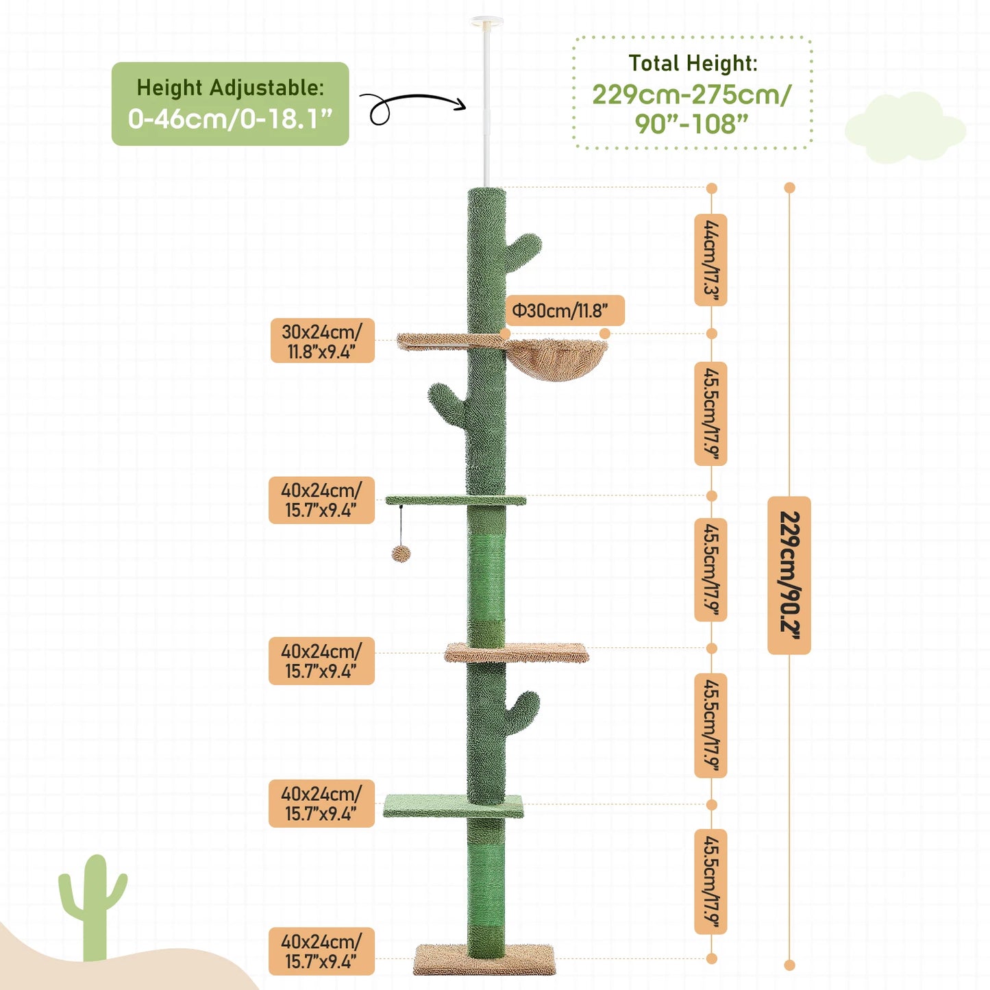 PAWZ Road Cat Tree 5-Tier Floor To Ceiling Cactus Hammock