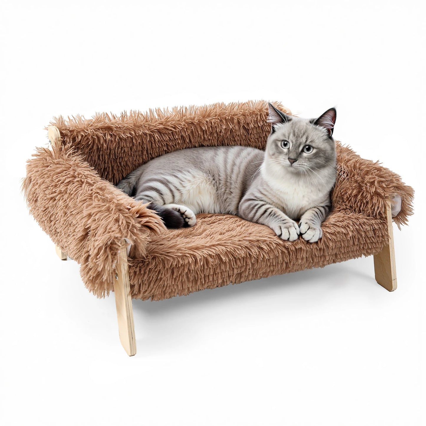 Wooden Leg Raised Cat Bed With Plush Sofa For Cats