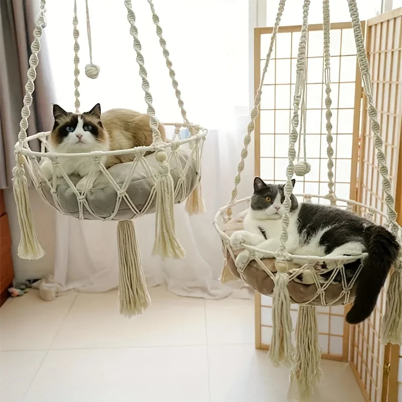Handwoven Cotton Rope Cat Hammock For Two Cats Durable