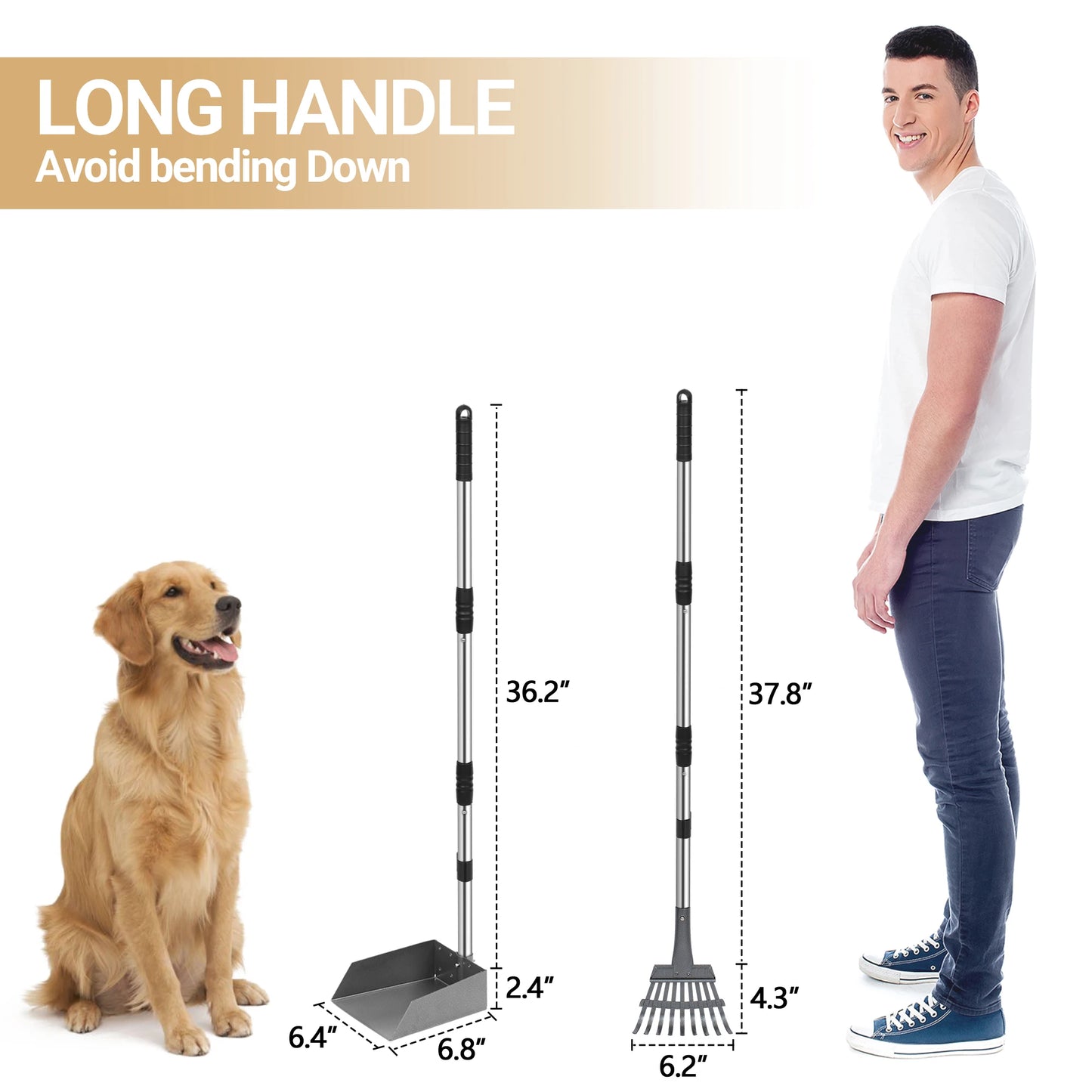 Dog Pooper Scooper And Rake Set With Adjustable Stainless Handles