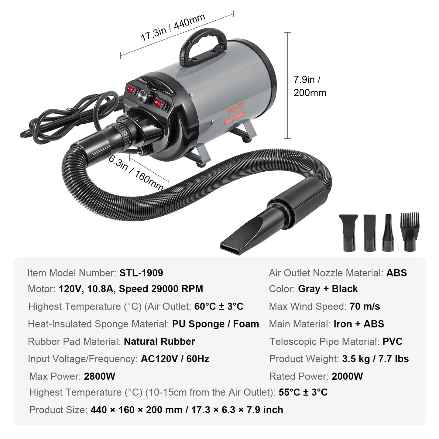 SucceBuy 2000W Dog Blow Dryer Adjustable Speed With 4 Nozzles