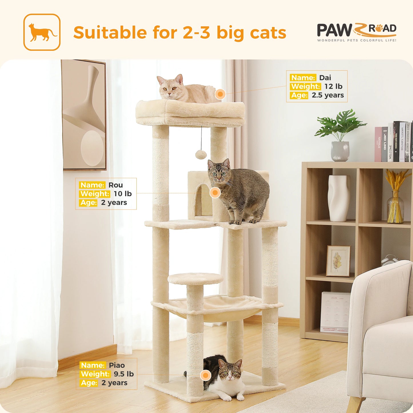 PAWZ Road Indoor Cat Tree FiveLevel Large Cat Hammock Tower