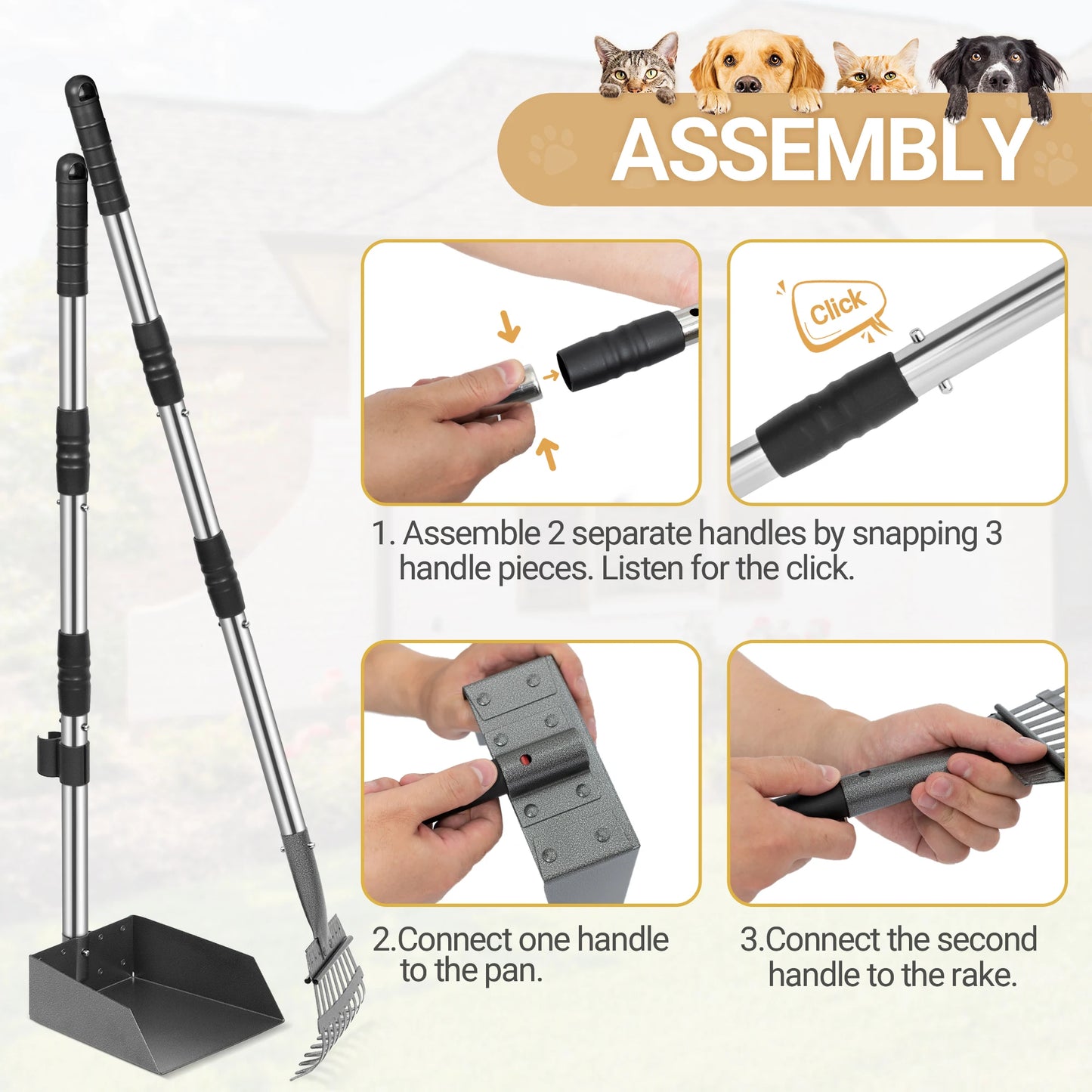 Dog Pooper Scooper And Rake Set With Adjustable Stainless Handles