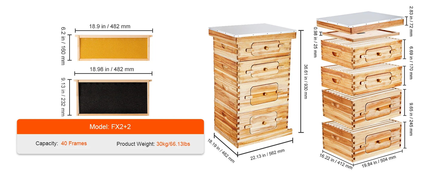 SucceBuy Natural Cedar Langstroth Beehive Kit With Acrylic Windows