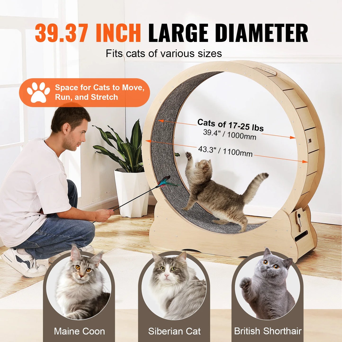 SucceBuy Wooden Cat Exercise Wheel Large Treadmill With Detachable Carpet