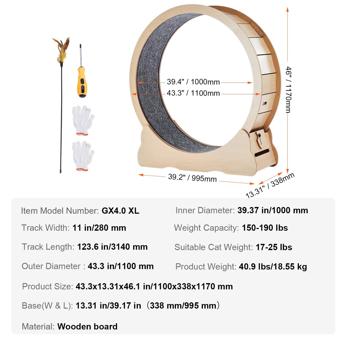 SucceBuy Wooden Cat Exercise Wheel Large Treadmill With Detachable Carpet