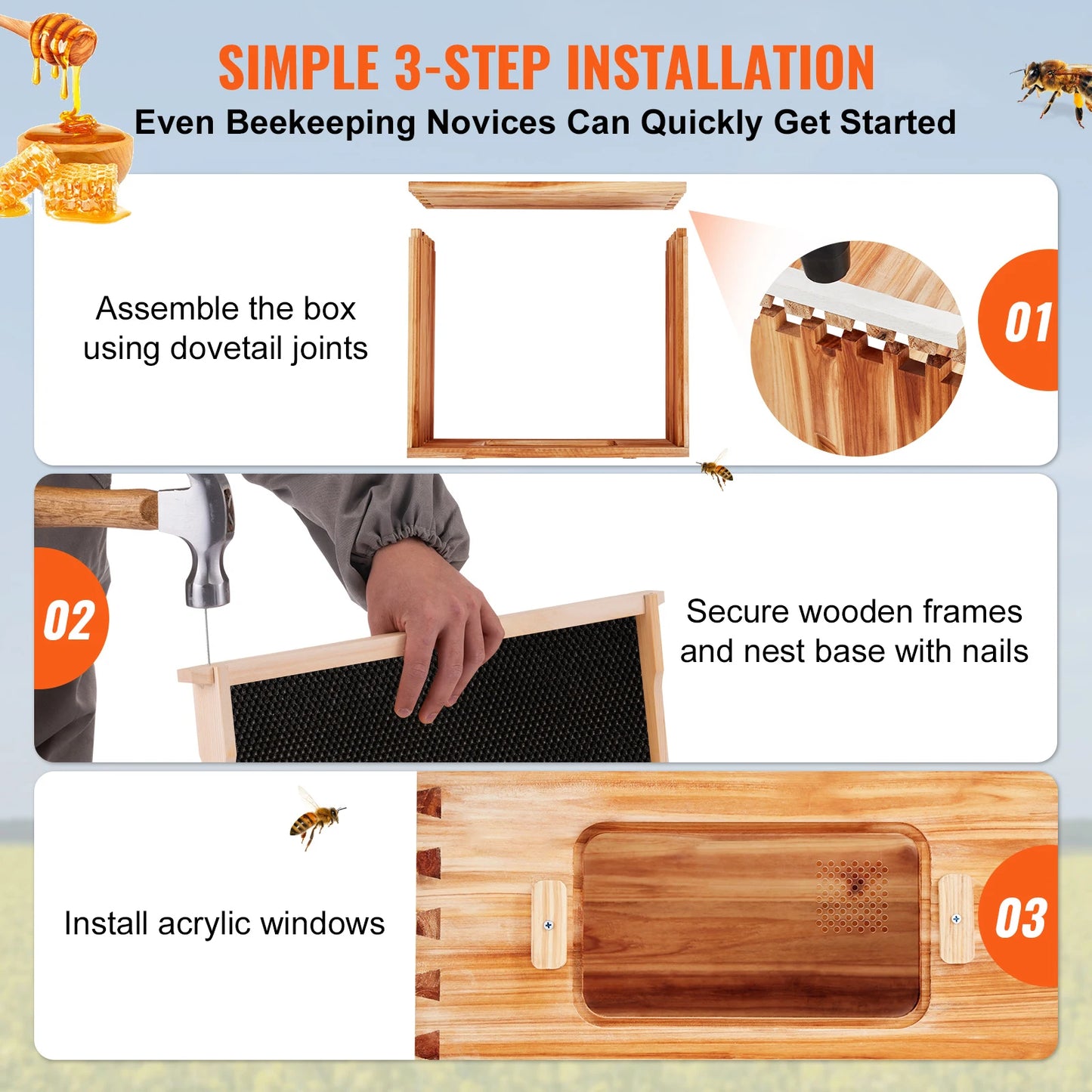 SucceBuy Natural Cedar Langstroth Beehive Kit With Acrylic Windows