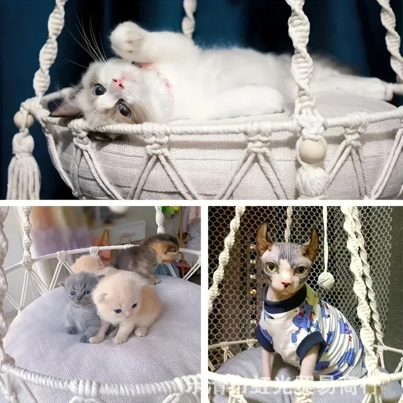 Handwoven Cotton Rope Cat Hammock For Two Cats Durable