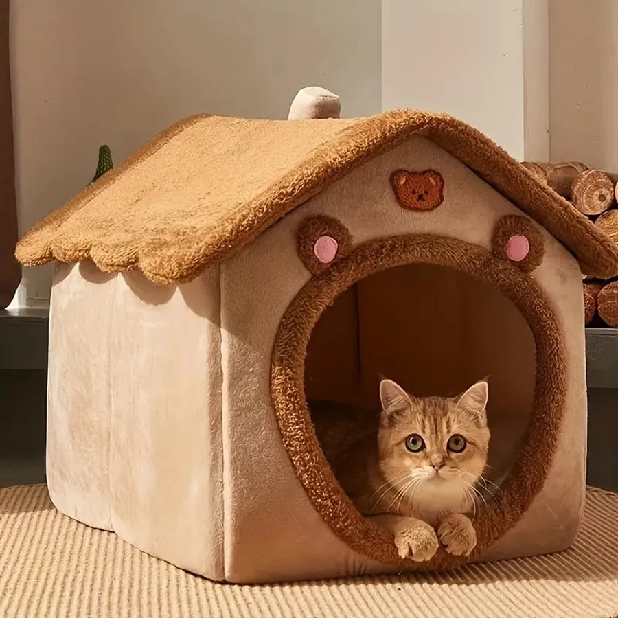 Foldable Pet House With Washable Cover Cat Dog Bed Cave